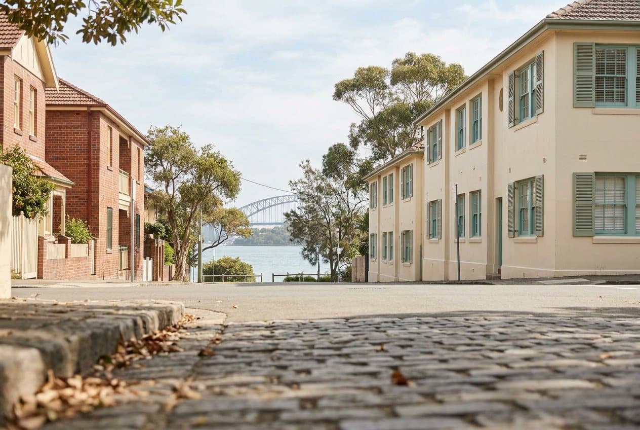 A quiet waterside street of brick homes and low apartment blocks with a calm bay beyond
