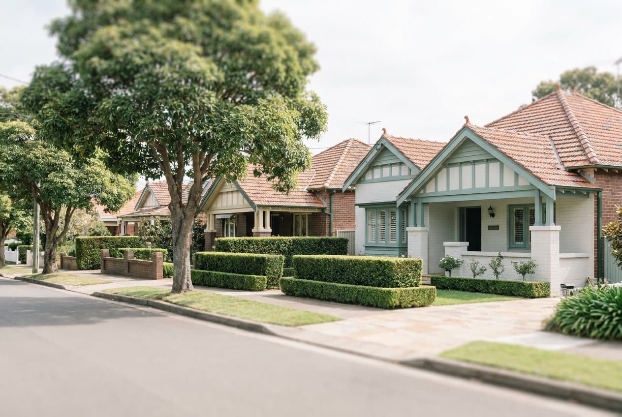 A wide street of well-kept Federation bungalows with tiled roofs, hedged gardens and mature street trees