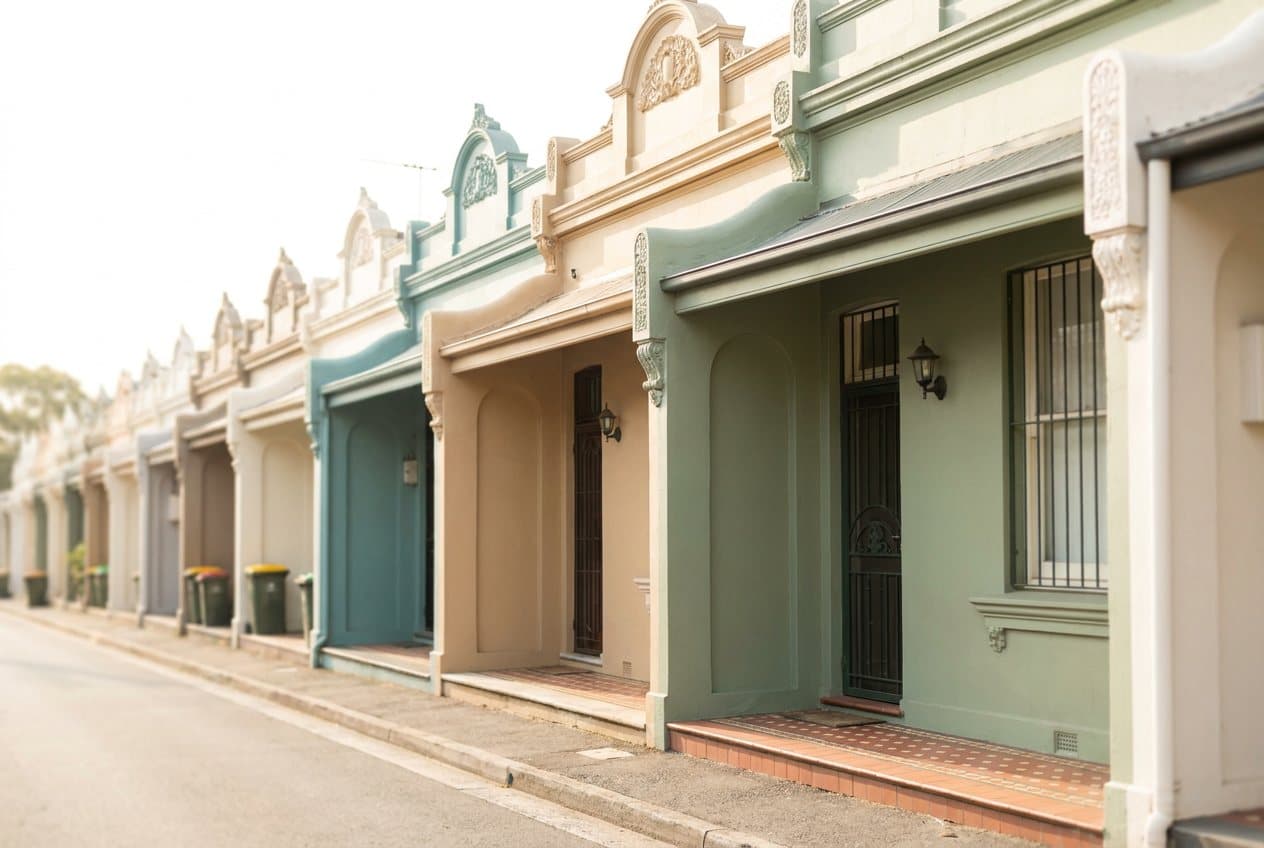 A street of single-storey Victorian terraces with decorative parapets and small tiled front porches