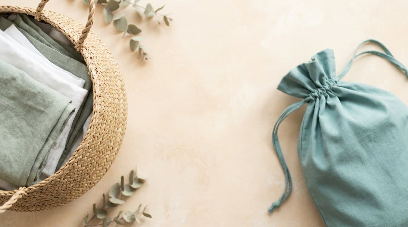 A woven basket of clean folded washing beside a tied teal collection bag on a pale surface