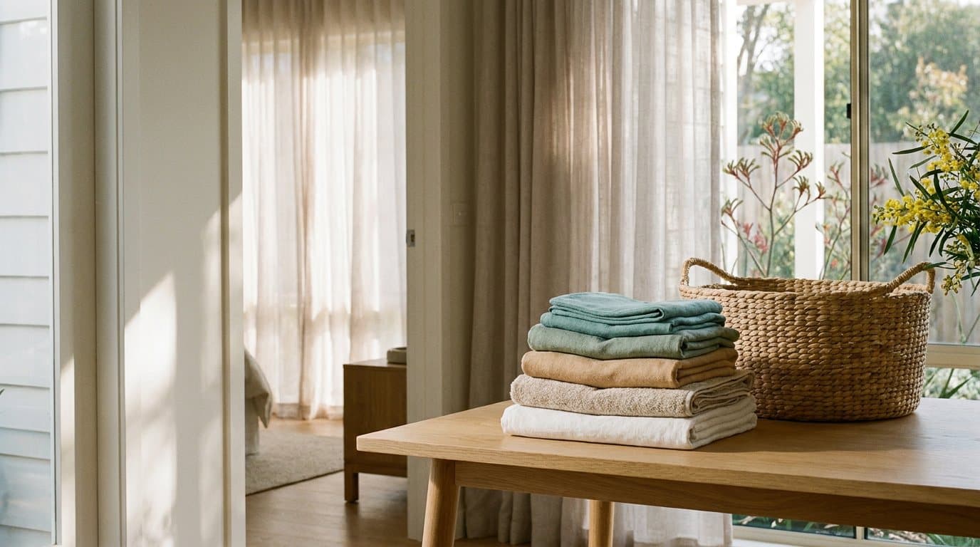 A neat stack of freshly folded clothing and towels on a light table beside an open laundry basket