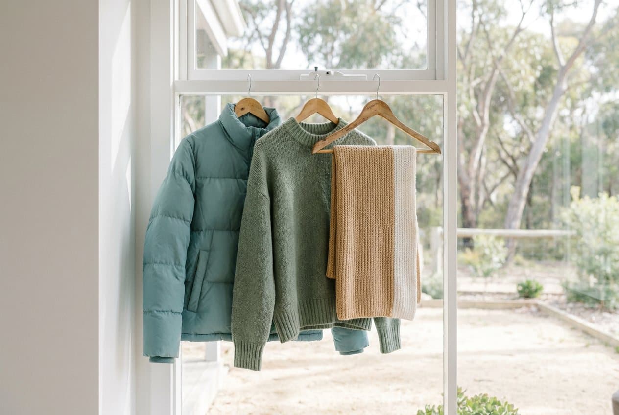 A puffer jacket, wool jumper and scarf freshly cleaned on timber hangers by a bright window