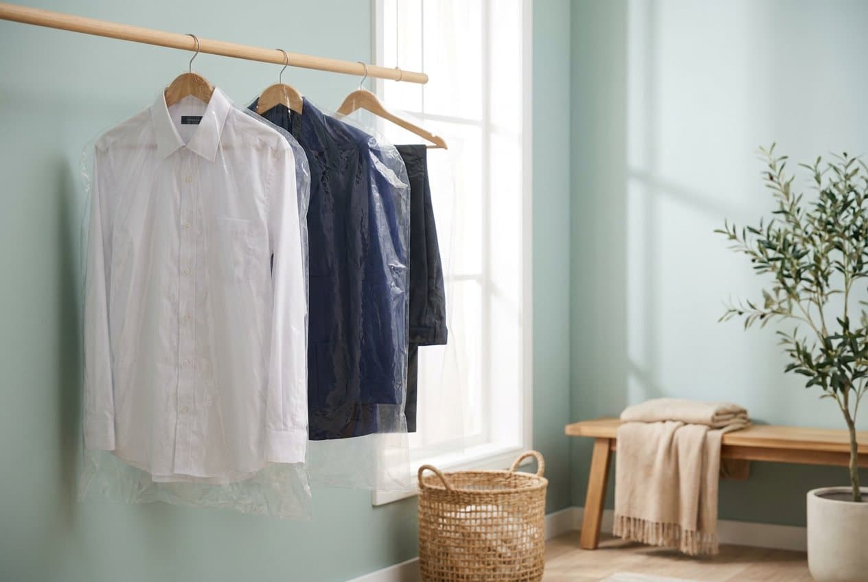 A white dress shirt, navy school blazer and trousers in clear covers on a hall rail