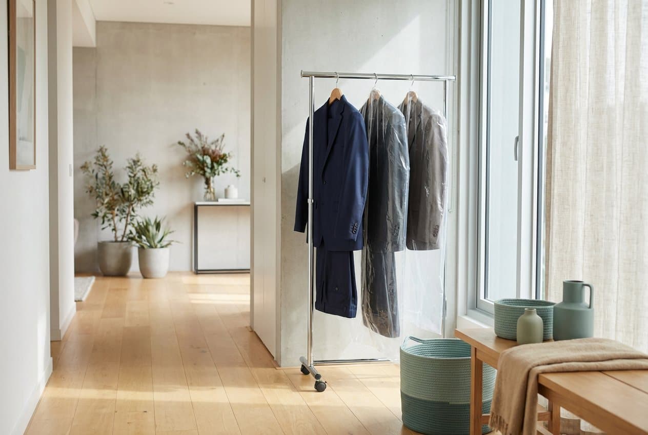 Three business suits in clear garment covers on a chrome rail in a bright apartment entry