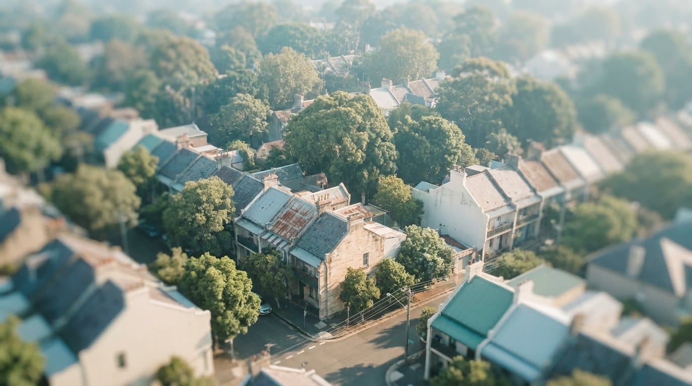 An aerial view of a leafy Sydney inner-suburban neighbourhood with terrace rooftops and tree canopy