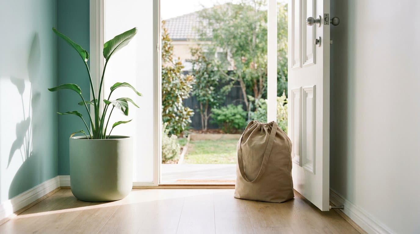The open front door of an Australian home with a cotton laundry bag on the threshold