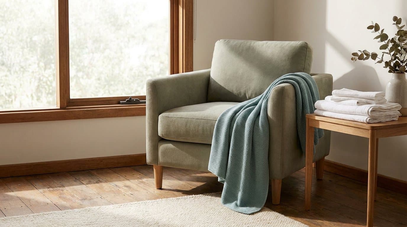 A comfortable armchair by a window with a soft folded blanket over the arm and fresh linen on a side table