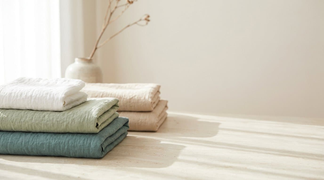 Three graduated stacks of neatly folded white and sage linen on a pale surface