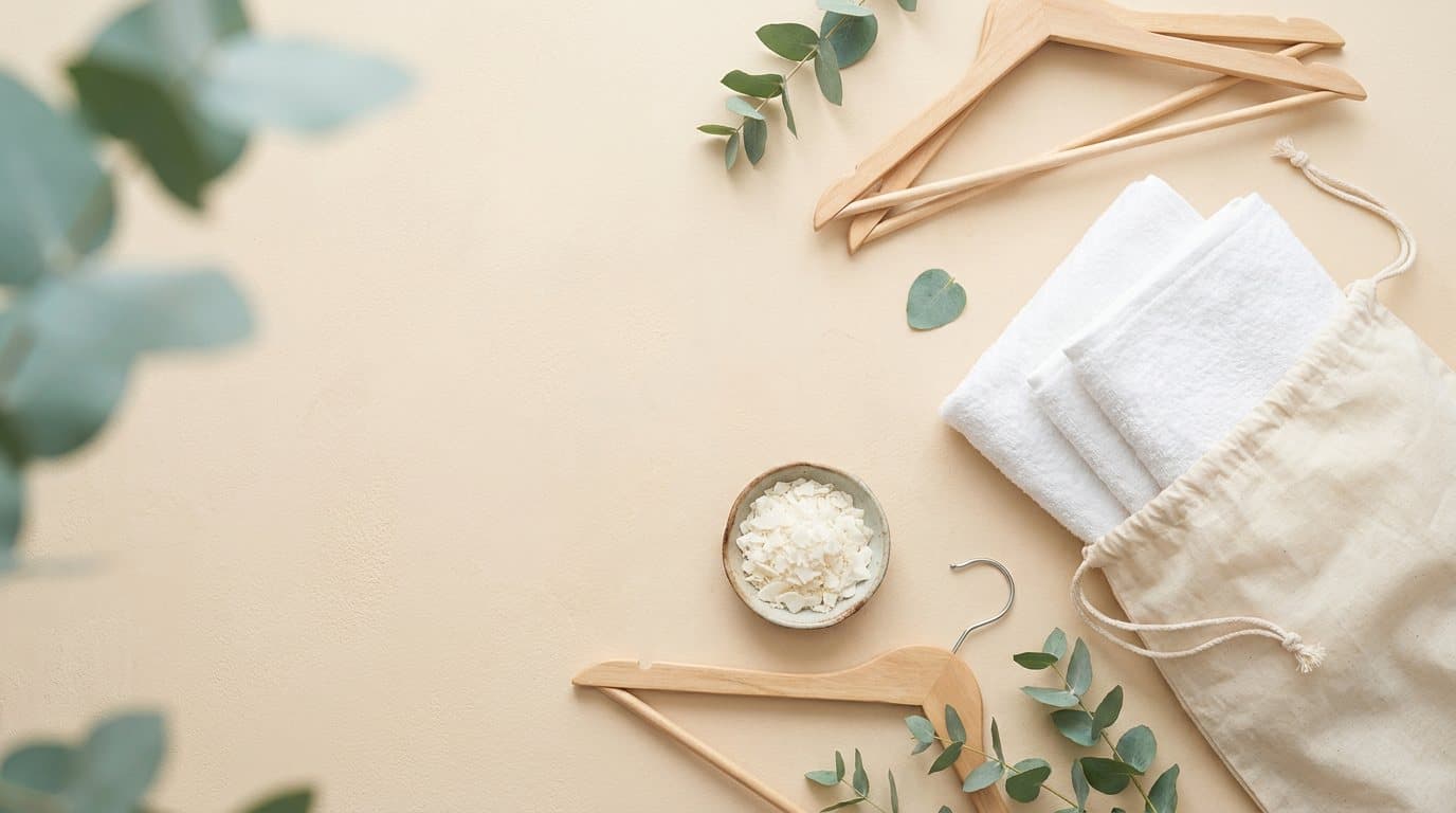 An overhead arrangement of folded towels, a cotton laundry bag, wooden hangers and soap flakes