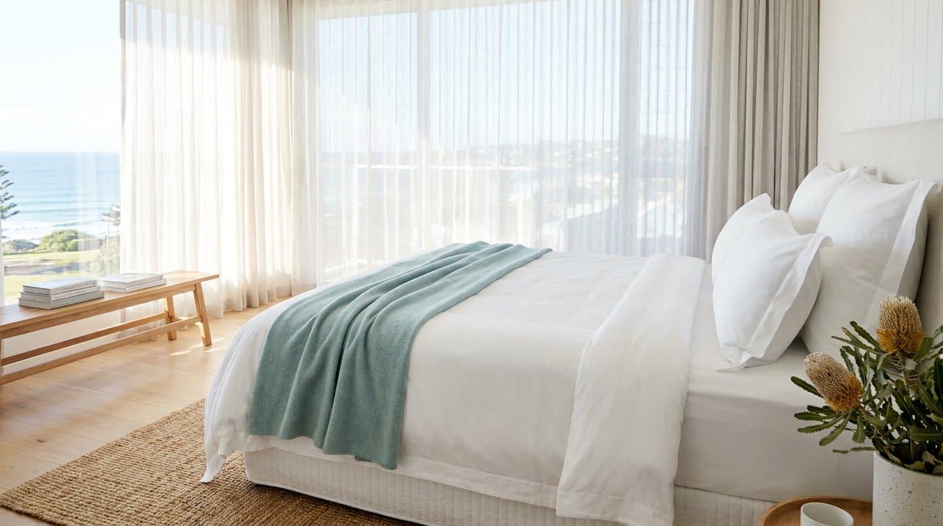 A short-stay bedroom made up with crisp white hotel-quality linen and a pale teal throw