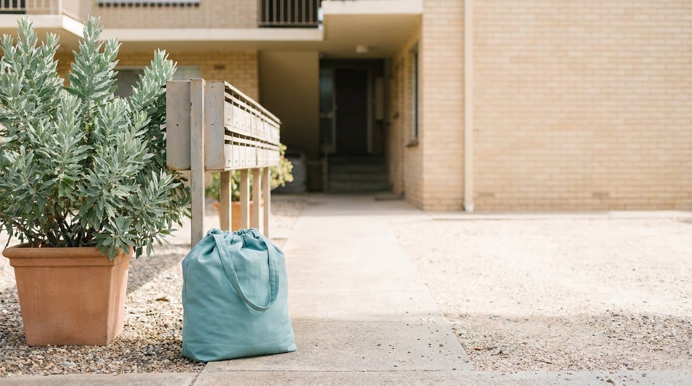 A teal laundry bag at the entrance of a low-rise brick apartment block beside letterboxes and a potted plant
