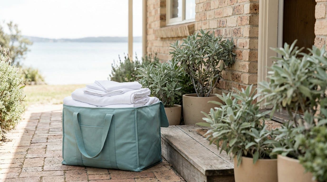 A teal delivery bag of folded white bedding at the front door of a brick home with bay water beyond