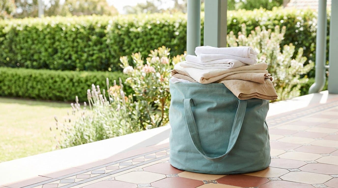 A teal laundry bag of freshly folded laundry on the tiled porch of a Federation home with a hedged garden