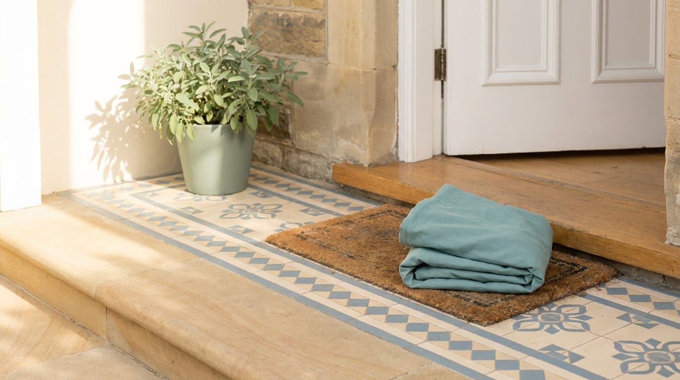 A teal laundry bag beside the doormat of a Victorian terrace with a small tiled porch in morning light