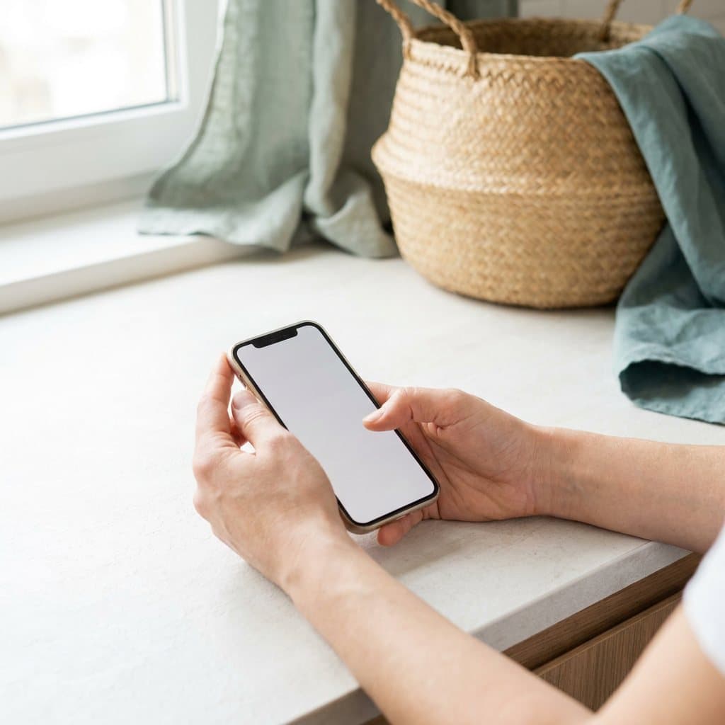 Hands holding a phone to book a laundry pickup, a laundry basket on the bench behind