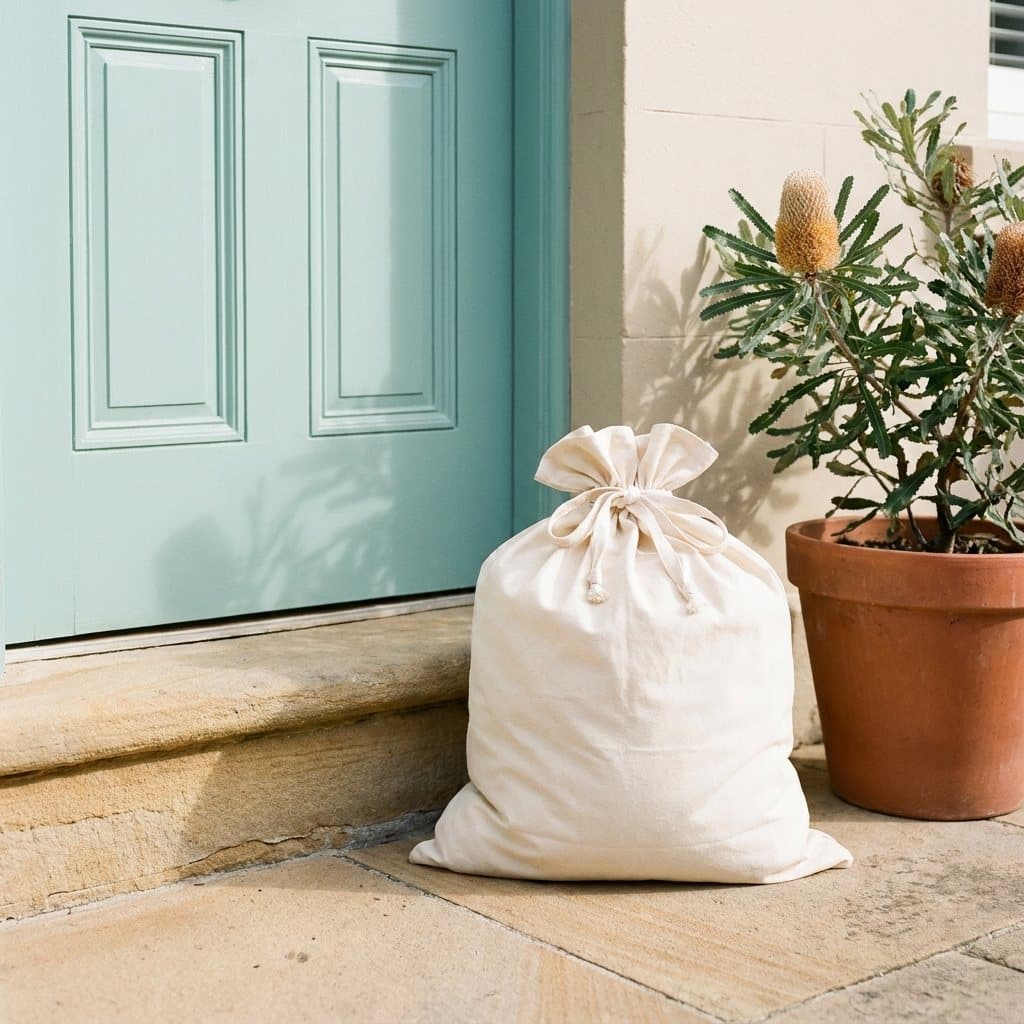 A tied cotton laundry bag waiting for collection on the front doorstep of a Sydney home