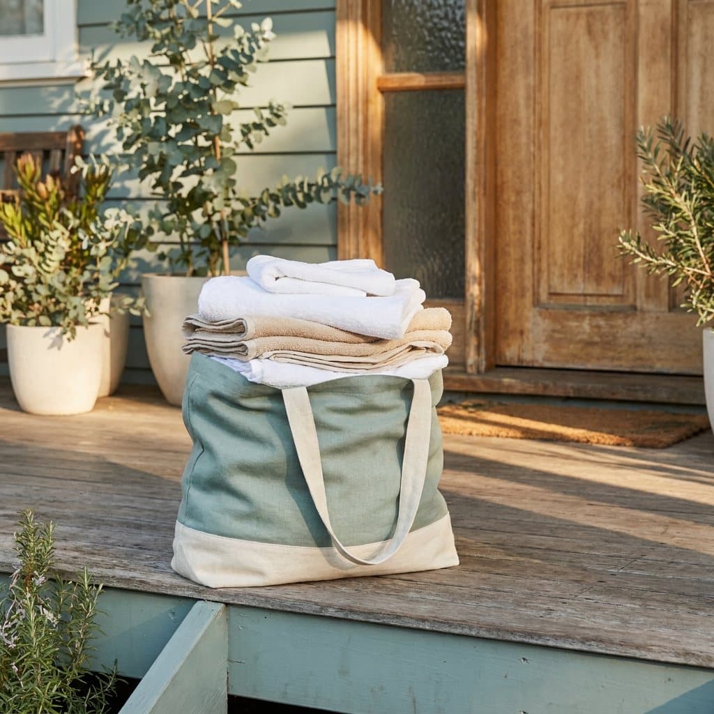 A bundle of freshly folded laundry in a reusable bag returned to a residential front door