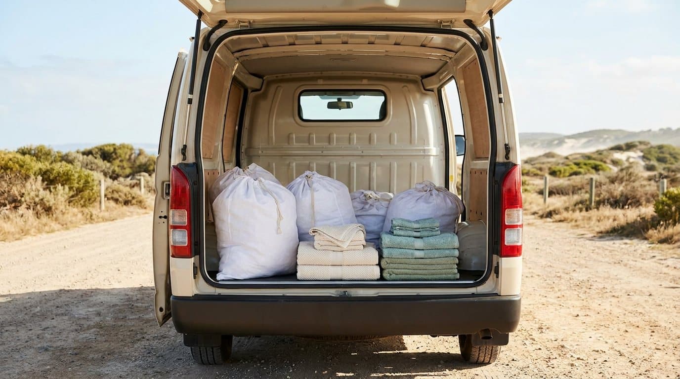 Large white linen bags and folded towel stacks loaded in the open back of a delivery van