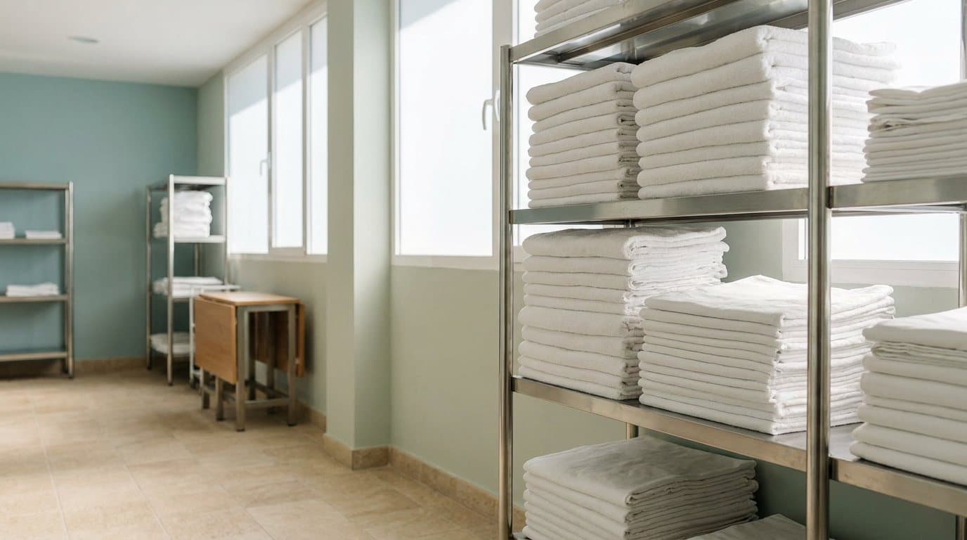 Tall stacks of folded white commercial linen and towels on stainless steel shelving in a linen room