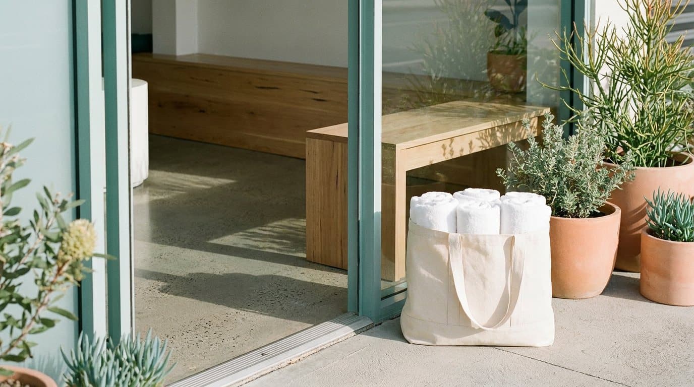 A canvas delivery bag of folded white towels at the glass entrance of a fitness studio