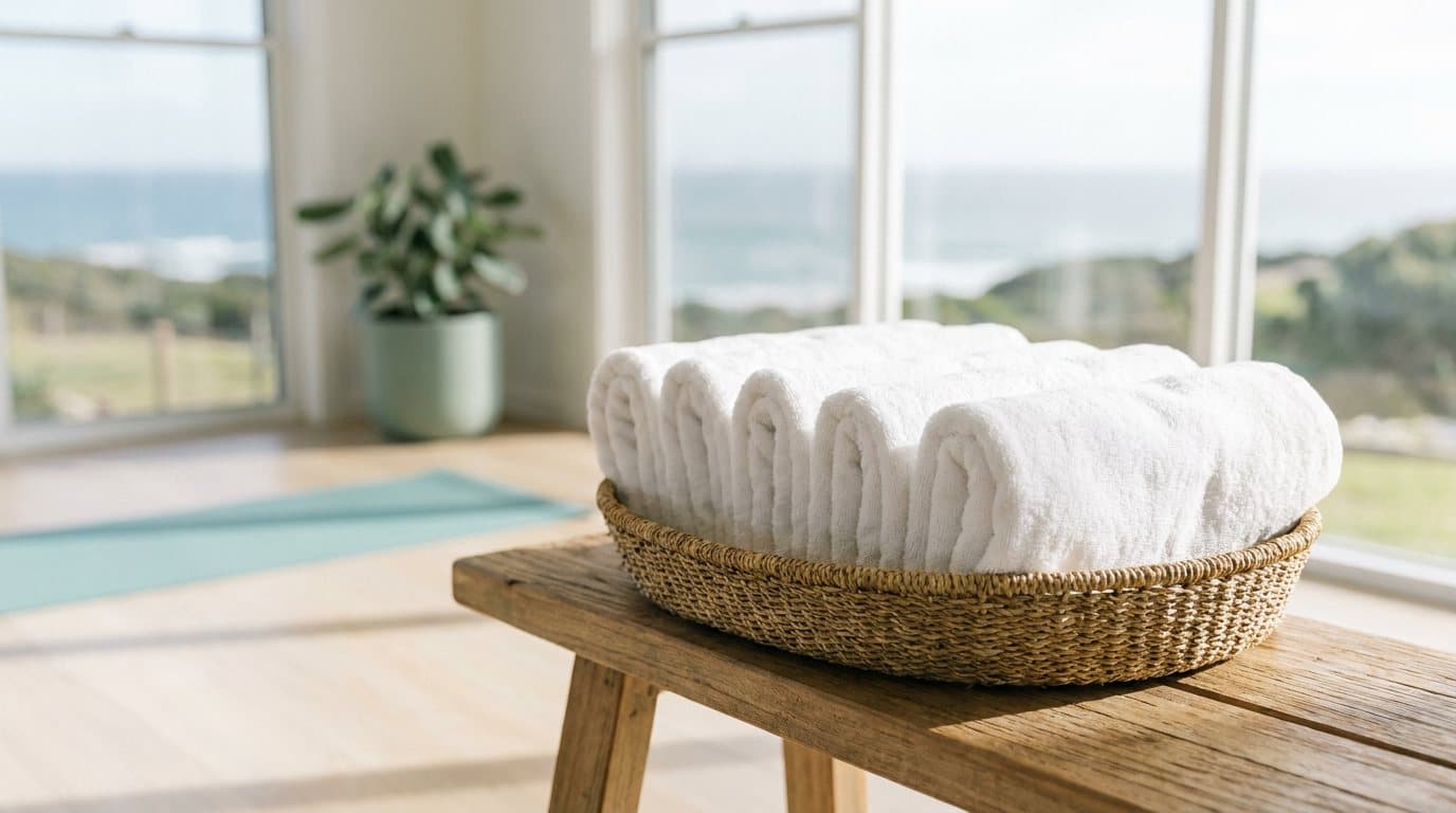 Folded white gym towels in a woven basket on a bench in a bright fitness studio