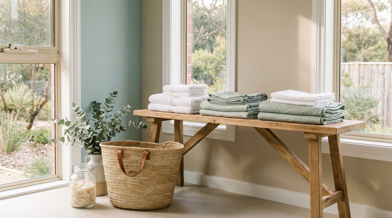 A home laundry workspace in morning light with neat stacks of white and sage linen, a woven basket and a jar of soap flakes