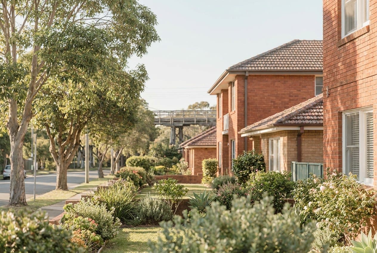 A leafy street of red-brick walk-up flats and brick homes with native gardens, a railway footbridge in the distance