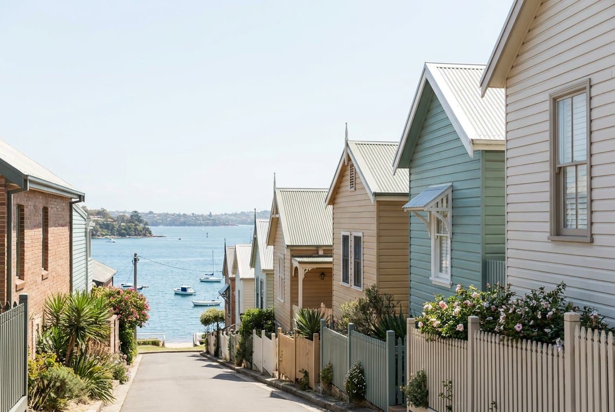 A peninsula street of weatherboard and brick cottages stepping down towards sparkling harbour water