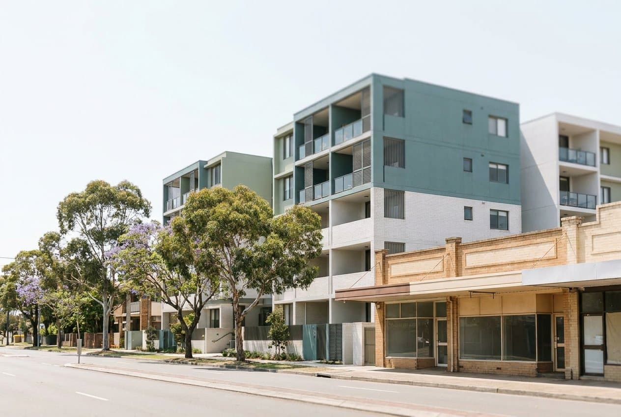 Modern mid-rise apartments above leafy street trees beside a row of low-rise suburban shops