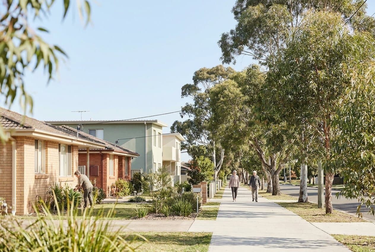 A residential street of modest brick homes and small unit blocks with wide footpaths and street trees