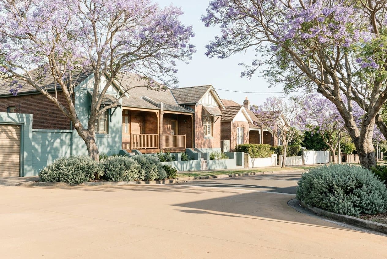 A leafy street of Federation brick bungalows and semis with jacaranda trees
