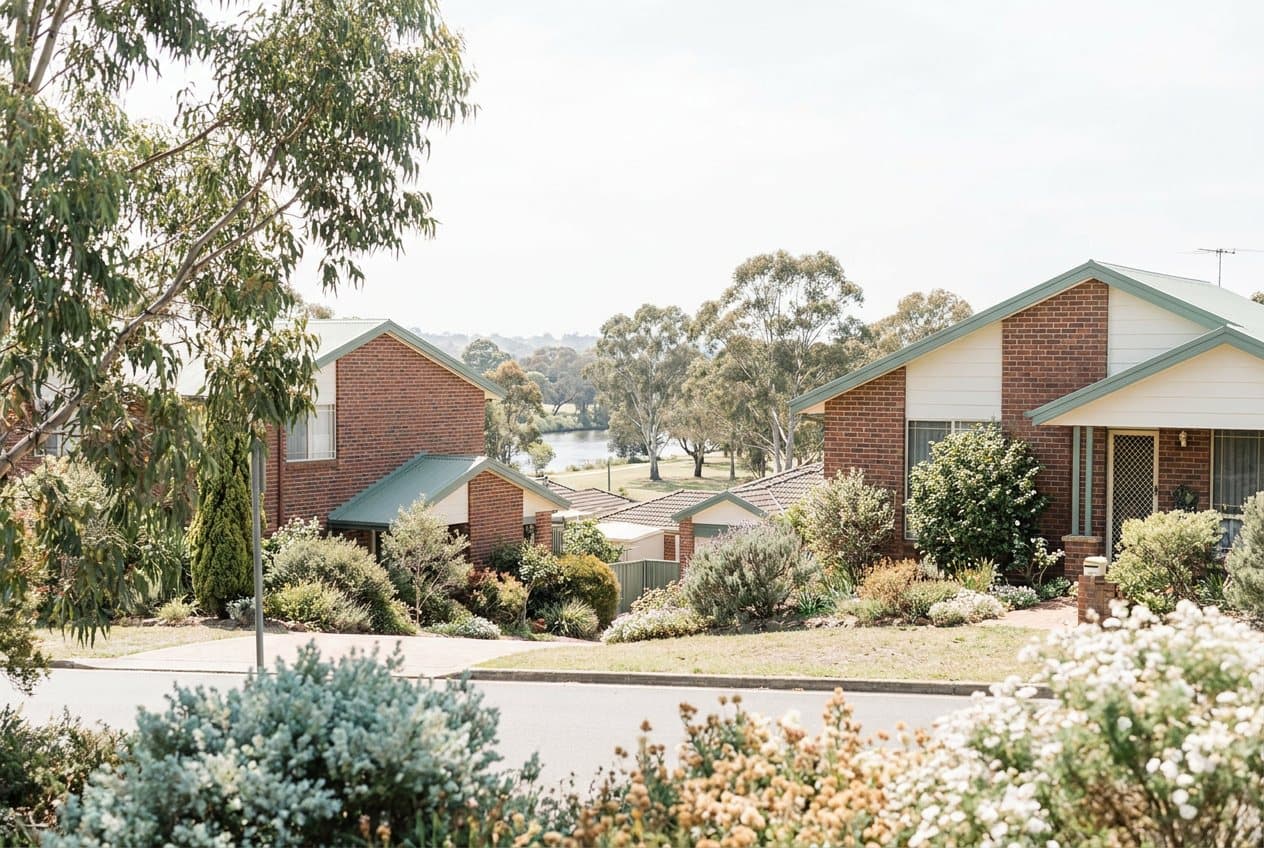 A hilly suburban street of brick family homes with established gardens and river parkland below
