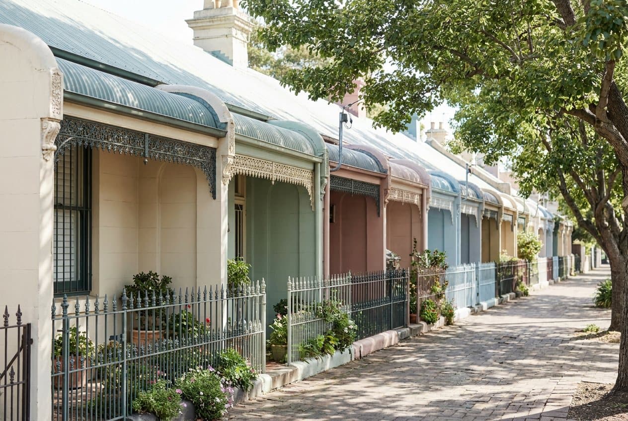 A row of single-storey Victorian worker's cottages with curved verandah roofs, iron lace and low iron fences, painted in soft heritage colours