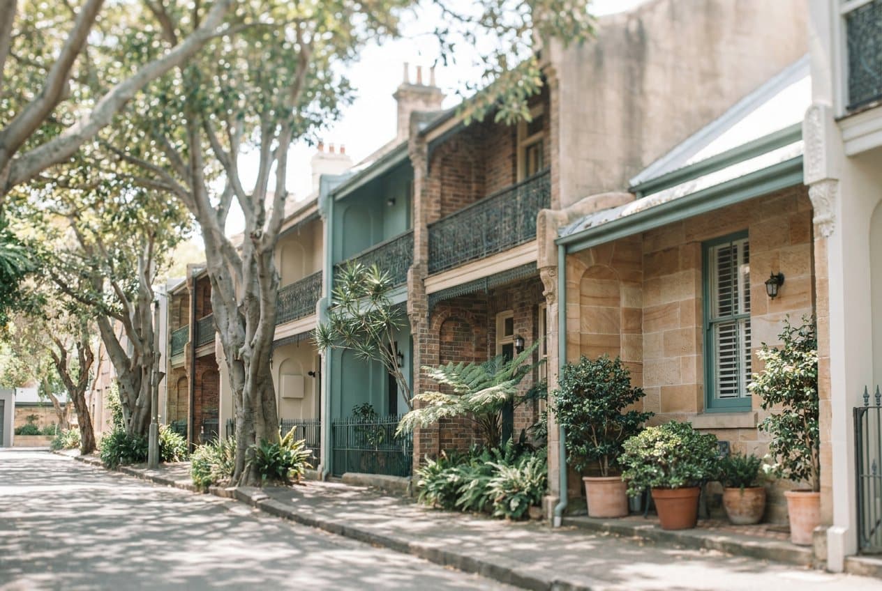A leafy street of restored sandstone and brick terraces with small front gardens under tall fig trees