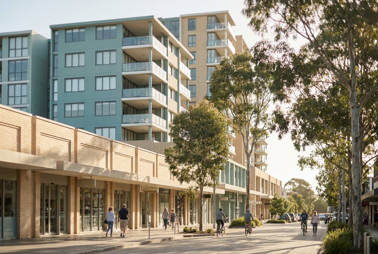 Apartment towers with balconies above a tree-lined suburban shopping street in late-afternoon light