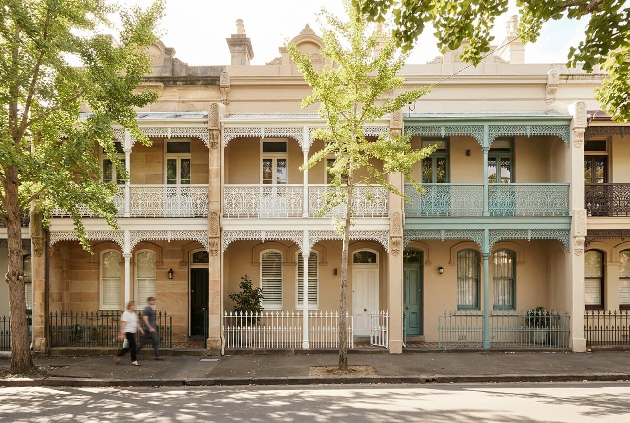 A row of restored Victorian terrace houses with iron lace balconies on a leafy inner-west Sydney street