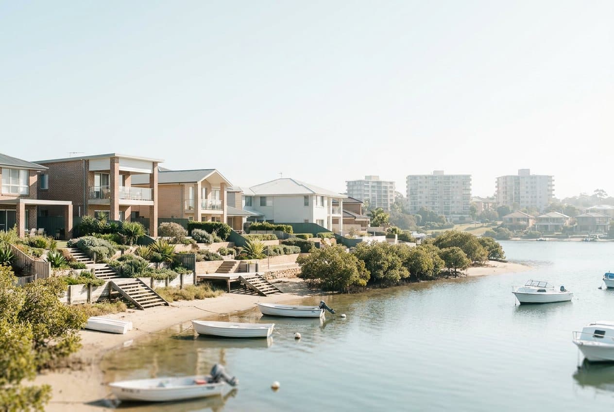 Family homes with terraced gardens stepping down to a calm bay with small moored boats, apartments in the distance