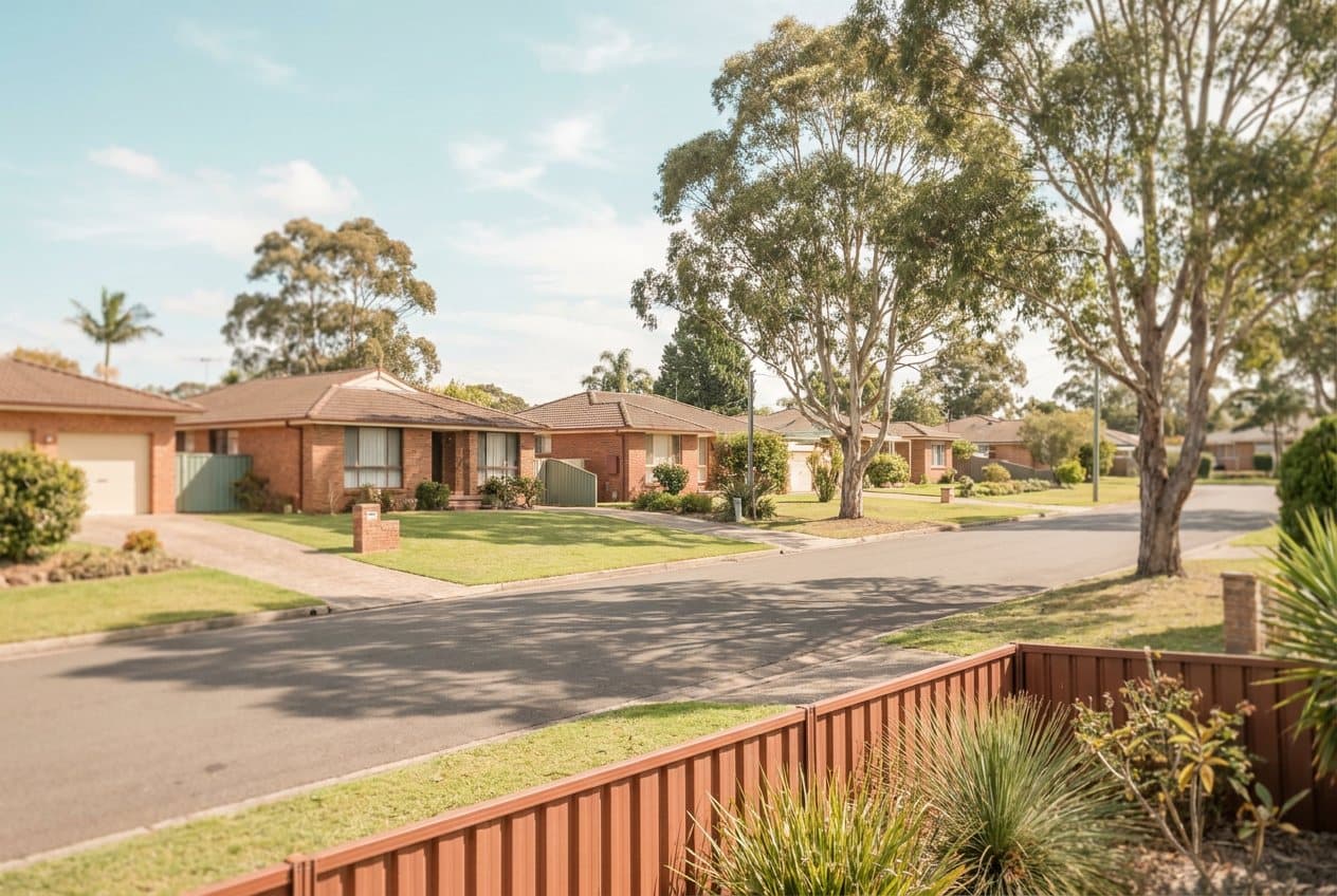 A quiet street of freestanding brick family homes with driveways, neat lawns and tall eucalypts