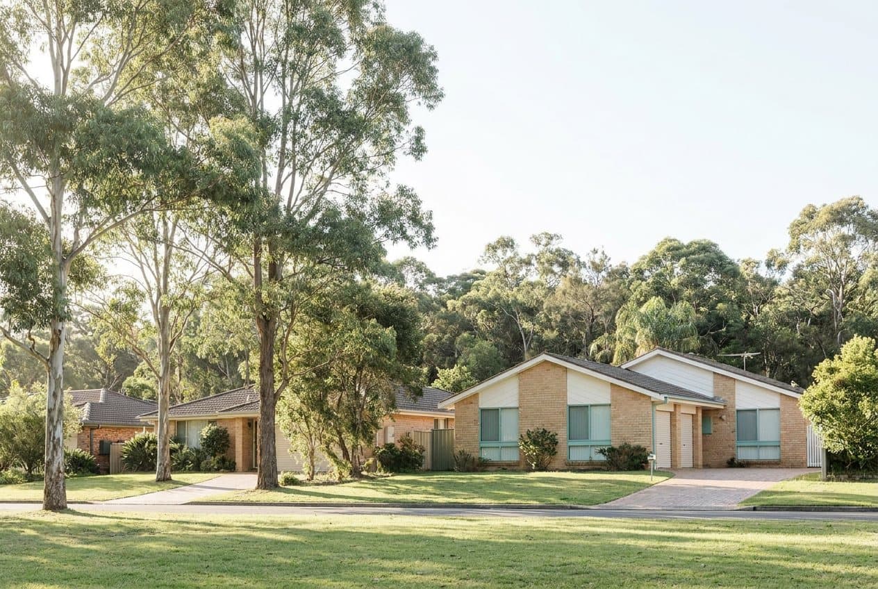 A wide suburban street of freestanding brick family homes and lawns backed by tall eucalypt bushland
