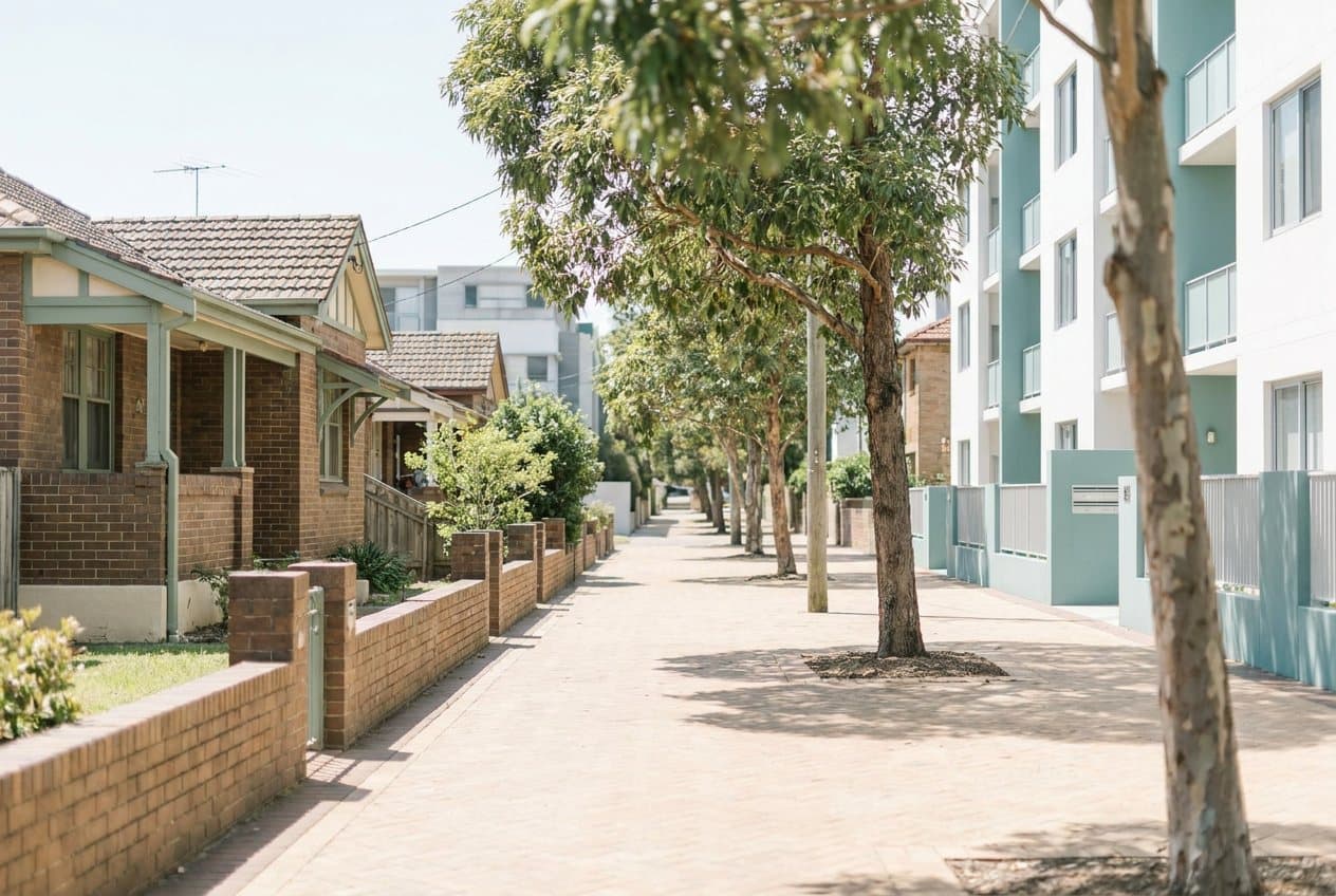 A street of brick homes and modern apartment blocks with wide footpaths and street trees