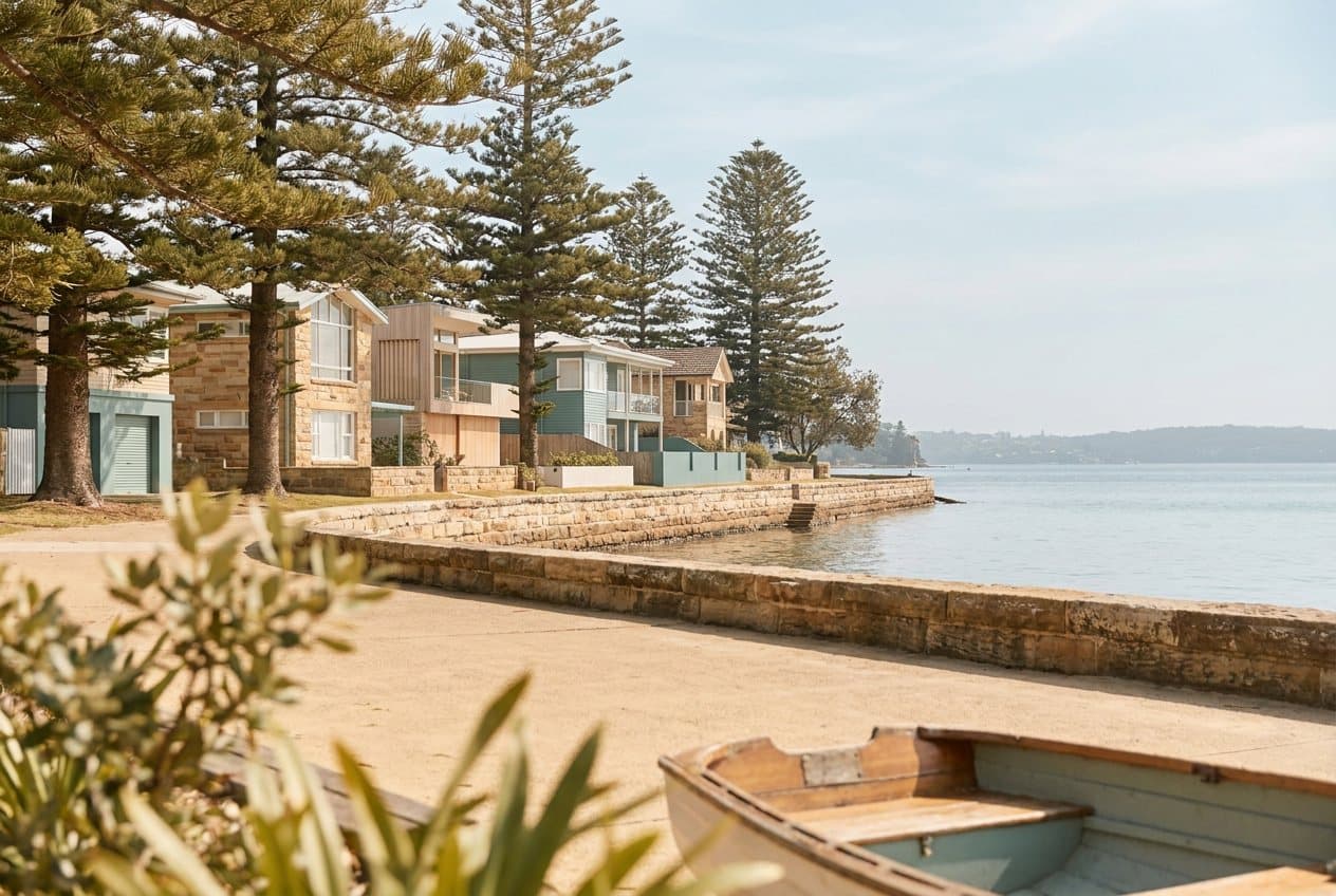 A sandstone seawall and Norfolk Island pines along a calm bay, with waterside family homes behind