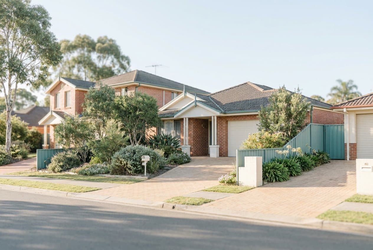 A quiet street of freestanding brick family homes with driveways and established front gardens