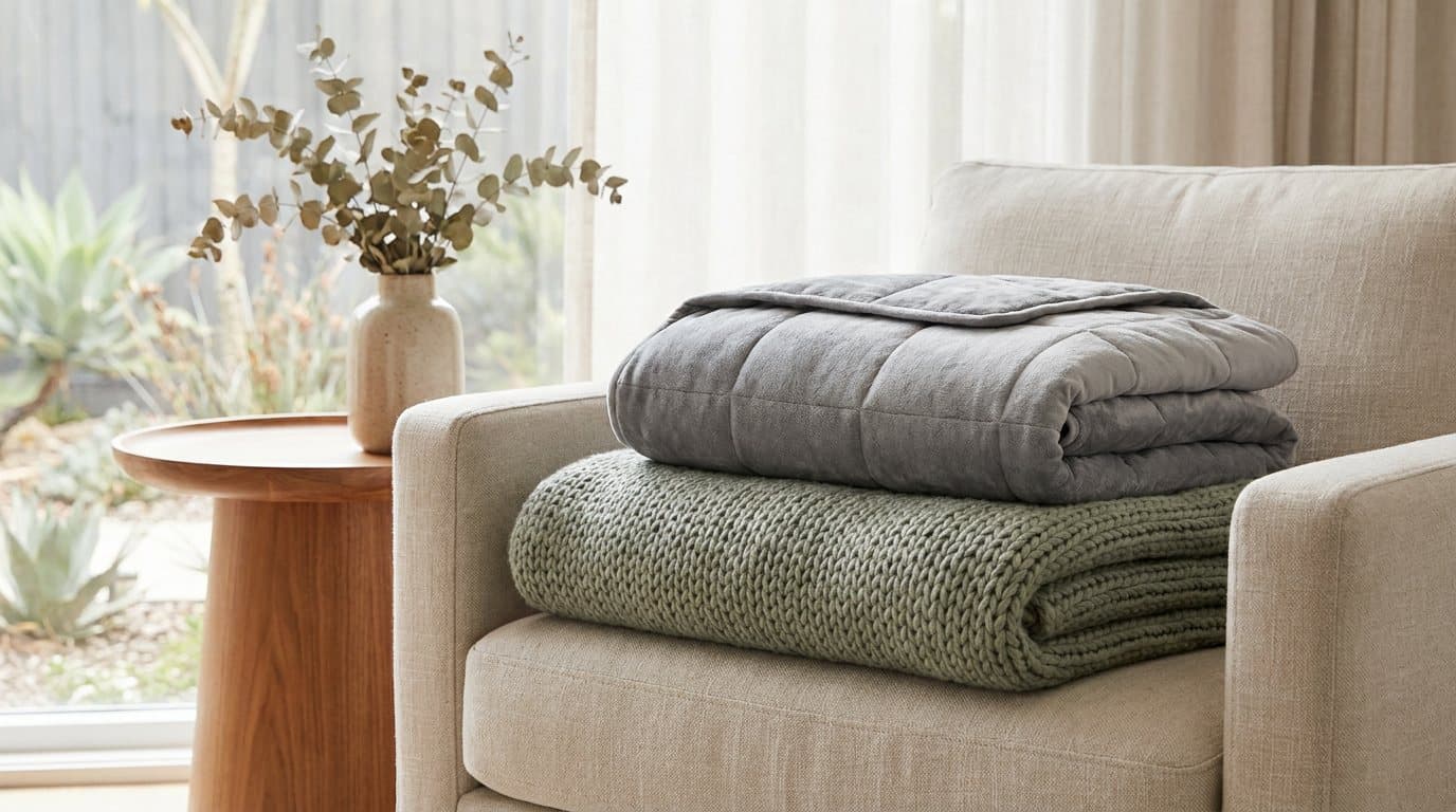 A folded grey weighted blanket and a knitted throw stacked on a linen armchair