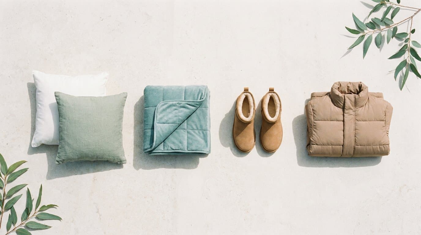 Two pillows, a folded weighted blanket, sheepskin boots and a puffer jacket laid out on a pale surface