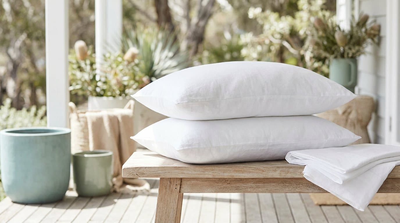 Two plump white pillows freshly cleaned and stacked on a timber bench beside a folded sheet