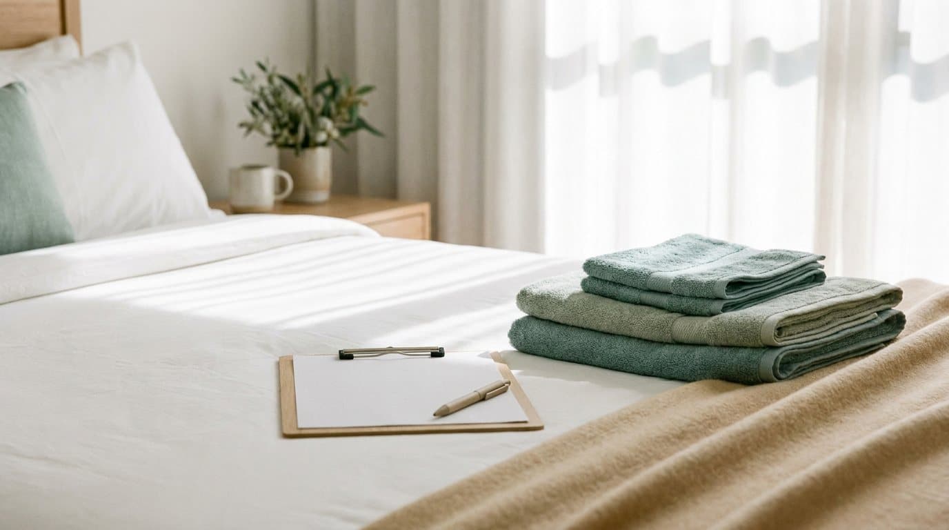 A clipboard and pen resting on a neatly made white bed beside a stack of folded towels
