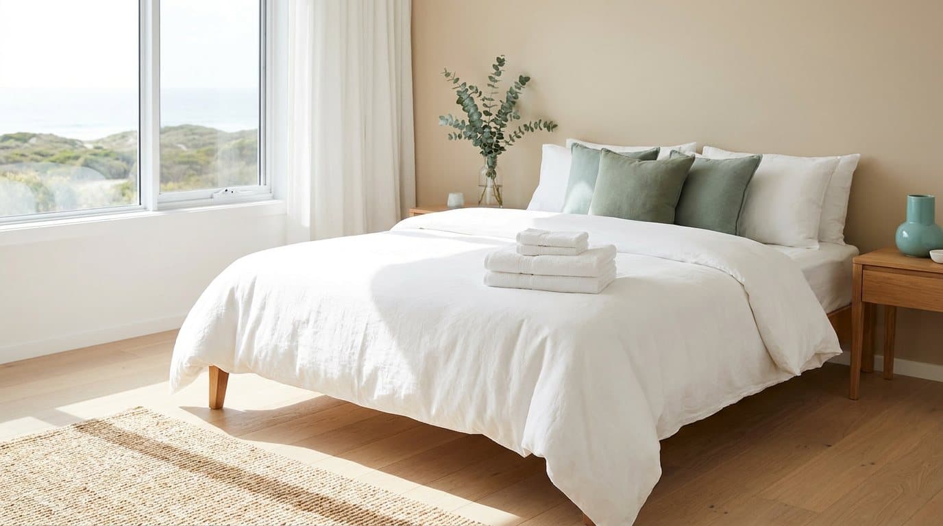 A short-stay bedroom made up with crisp white hotel linen and folded towels at the foot of the bed
