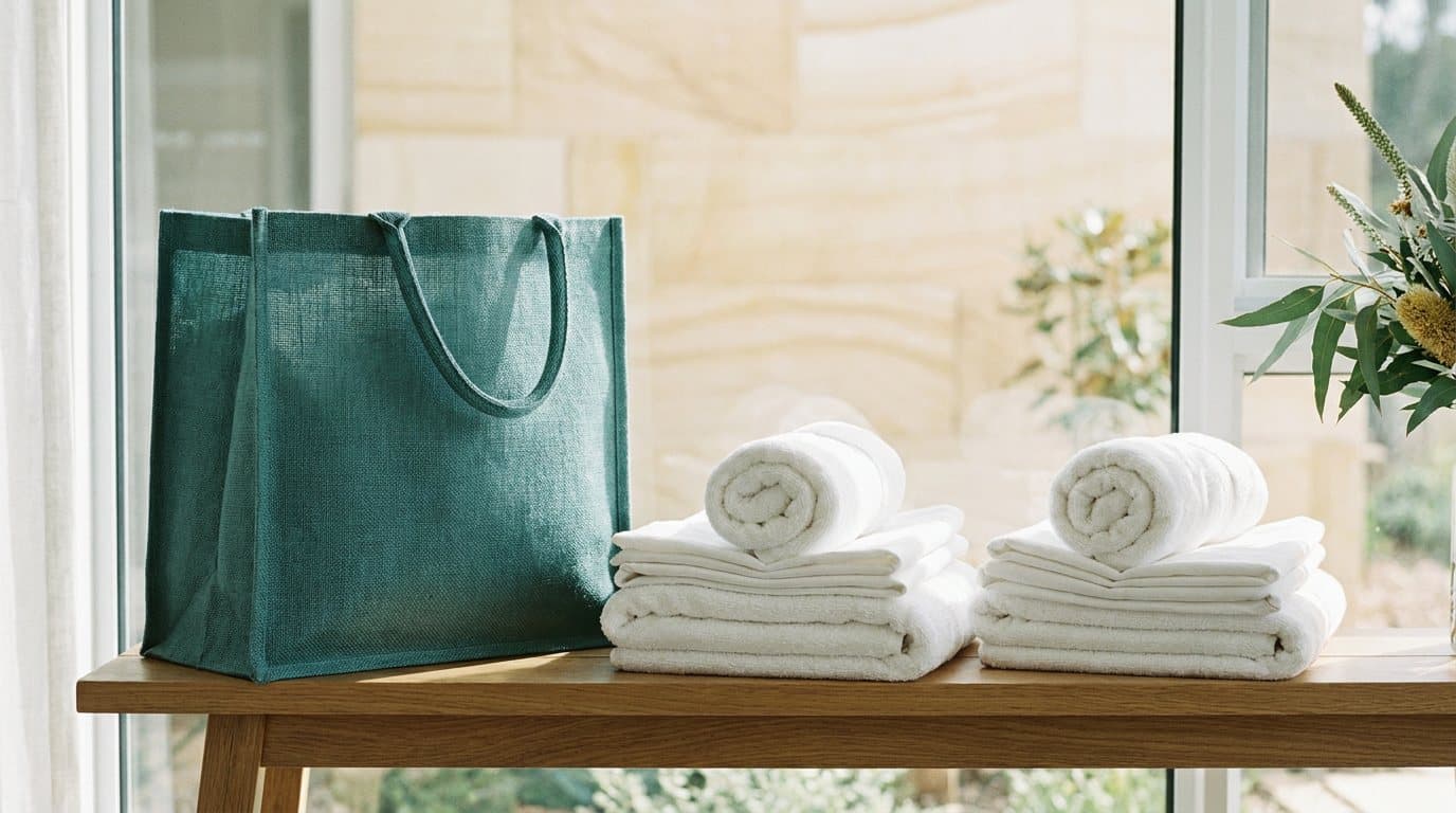 Folded white guest linen and rolled towels stacked on a bedroom bench beside a teal collection bag