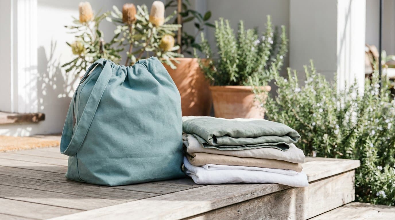 A teal laundry bag and a stack of folded clothes on the timber front step of a Sydney home