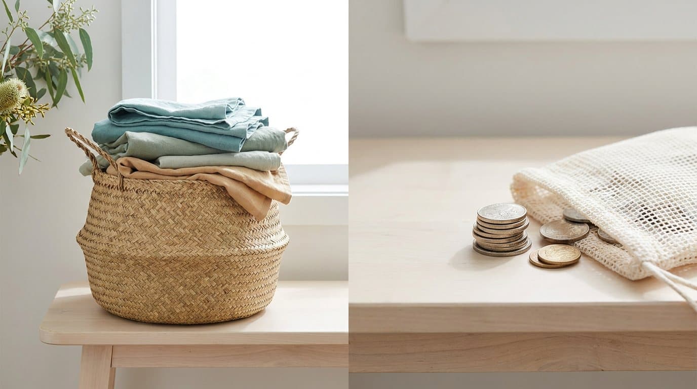 A basket of neatly folded home laundry beside a mesh laundry bag and a stack of coins on a pale bench